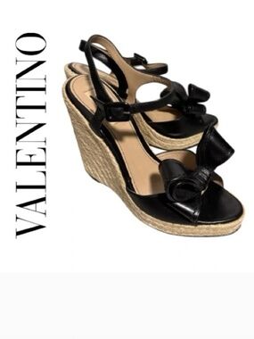 Valentino Black Leather Bow Espadrille Wedge Sandals with Natural Jute Platform